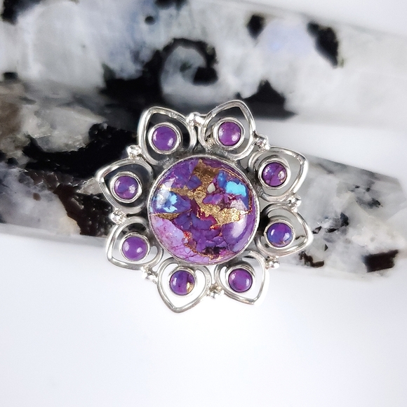 925 Sterling Silver Purple Copper Turquoise Flower Ring Size 9 New - Picture 13 of 13